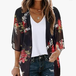 Floral Print Black Sheer Kimono Size 3X New